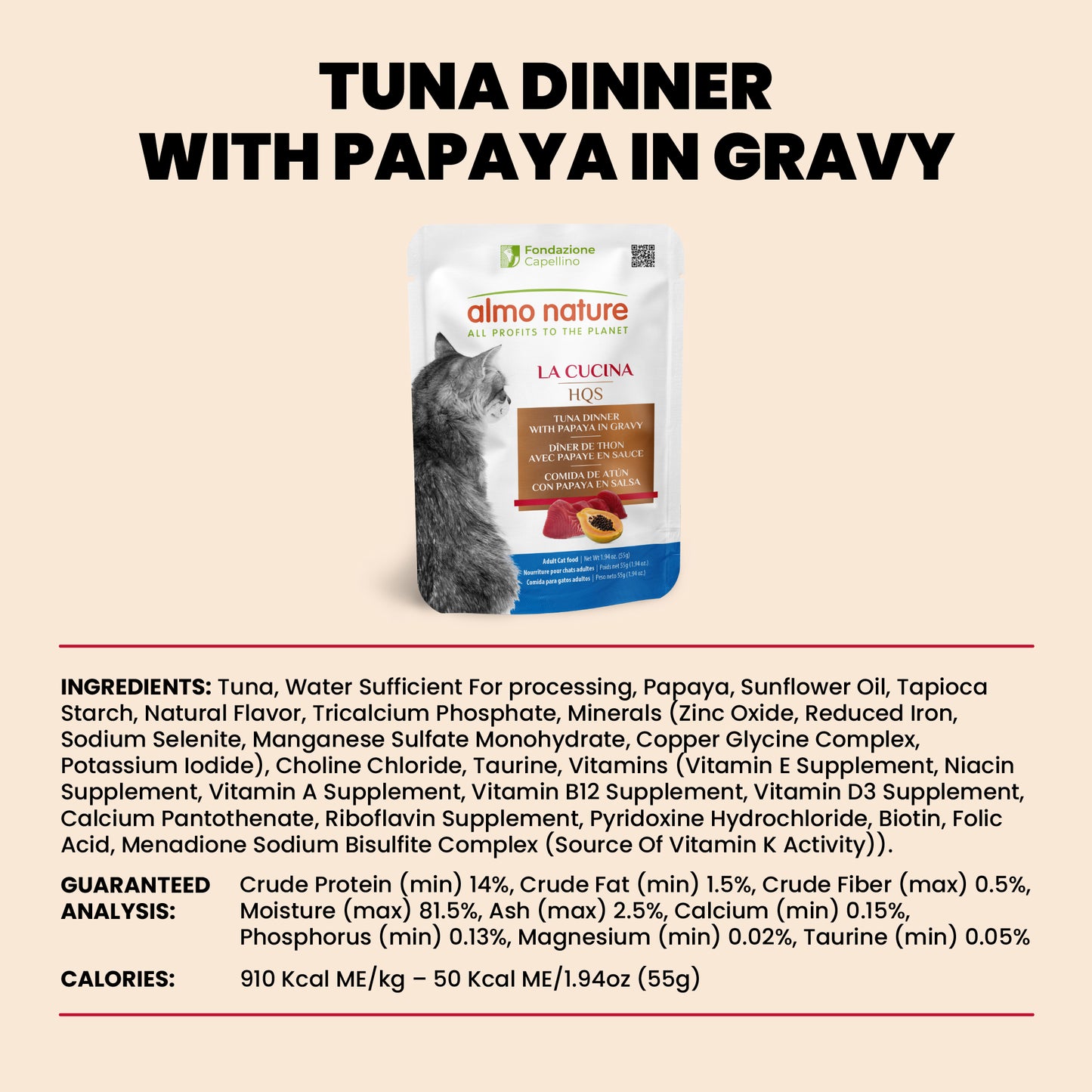 Almo Nature HQS La Cucina Cat Food Pouches - Tuna Dinner With Papaya In Gravy 55g