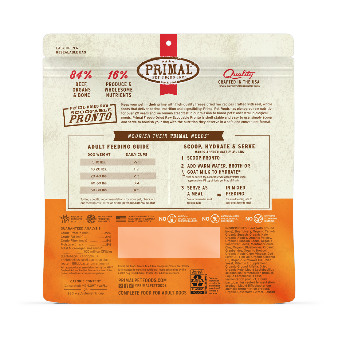PRIMAL Freeze Dried Raw Pronto Beef Recipe DOG 7oz