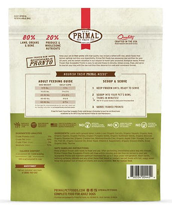 Primal Frozen Pronto Lamb Dog 4lb