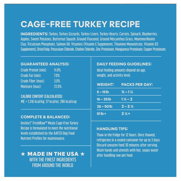 Instinct Frozen FreshRaw Meals Grass-Fed Turkey Recipe Dog Food 226g