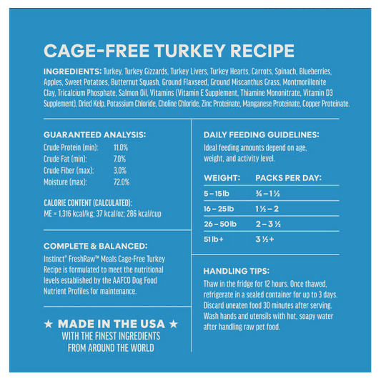 Instinct Frozen FreshRaw Meals Grass-Fed Turkey Recipe Dog Food 226g