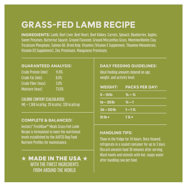 Instinct Frozen FreshRaw Meals Grass-Fed Lamb Recipe Dog Food 226g