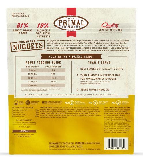 Primal Frozen Rabbit Nuggets Dog 3lb